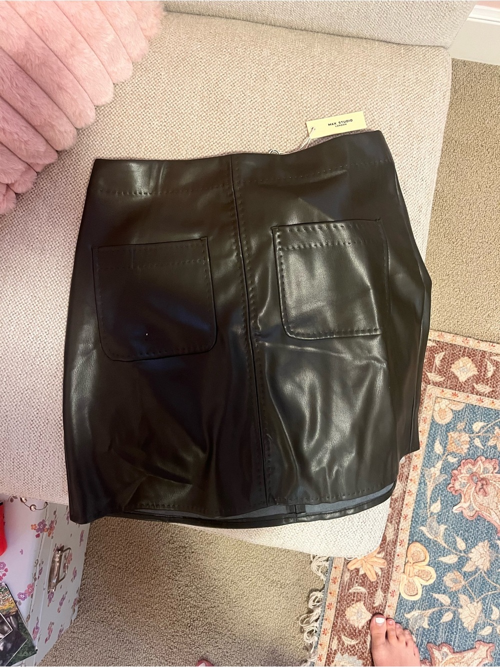 Max Studio Black Faux Leather Mini Skirt with Back Patch Pockets
